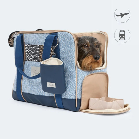 Leopold's Finest Flugtasche für Dackel und kleine Hunde mit orthopädischer Matratze hellblau