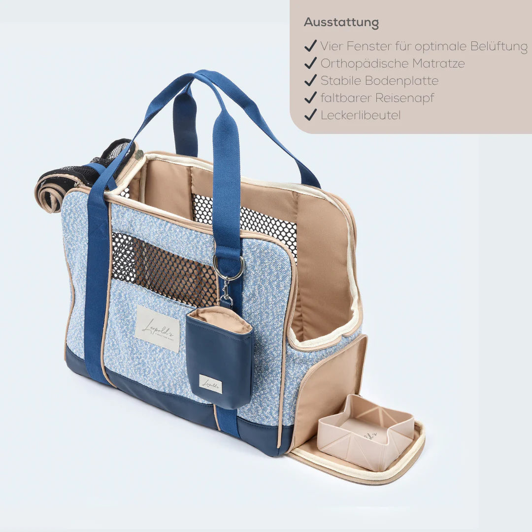 Leopold's Finest Flugtasche für Dackel und kleine Hunde mit orthopädischer Matratze hellblau