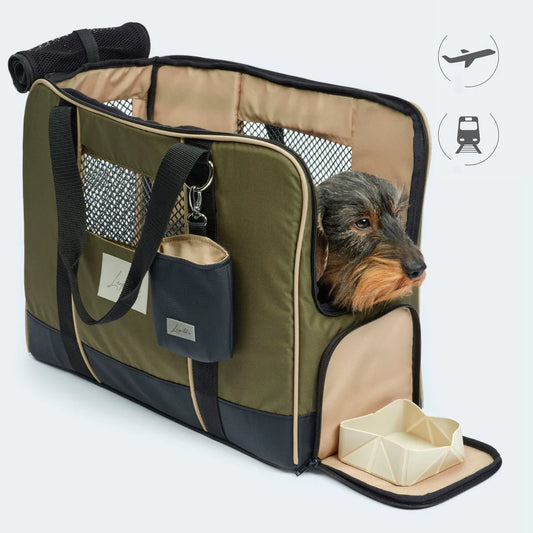 Leopold's Finest Flugtasche für Dackel und kleine Hunde mit orthopädischer Matratze oliv